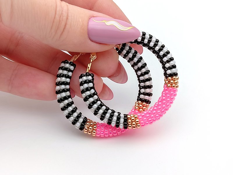 手作, 耳環, 派對, 華麗耳環, Bright pink hoop earrings, Handmade earrings, Big beaded hoops