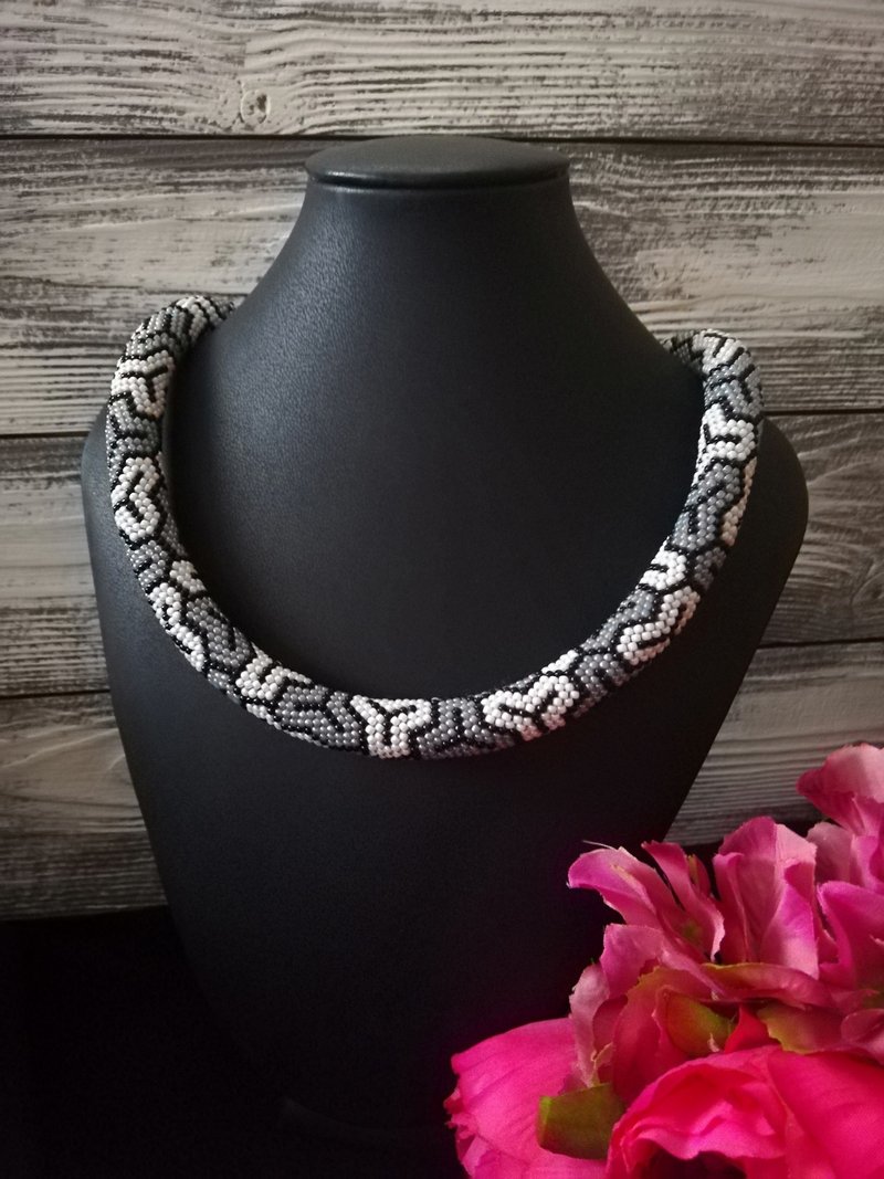 Bead Crochet Rope Necklace ,  Organic Seed Beaded Necklace - 项链 - 其他材质 灰色