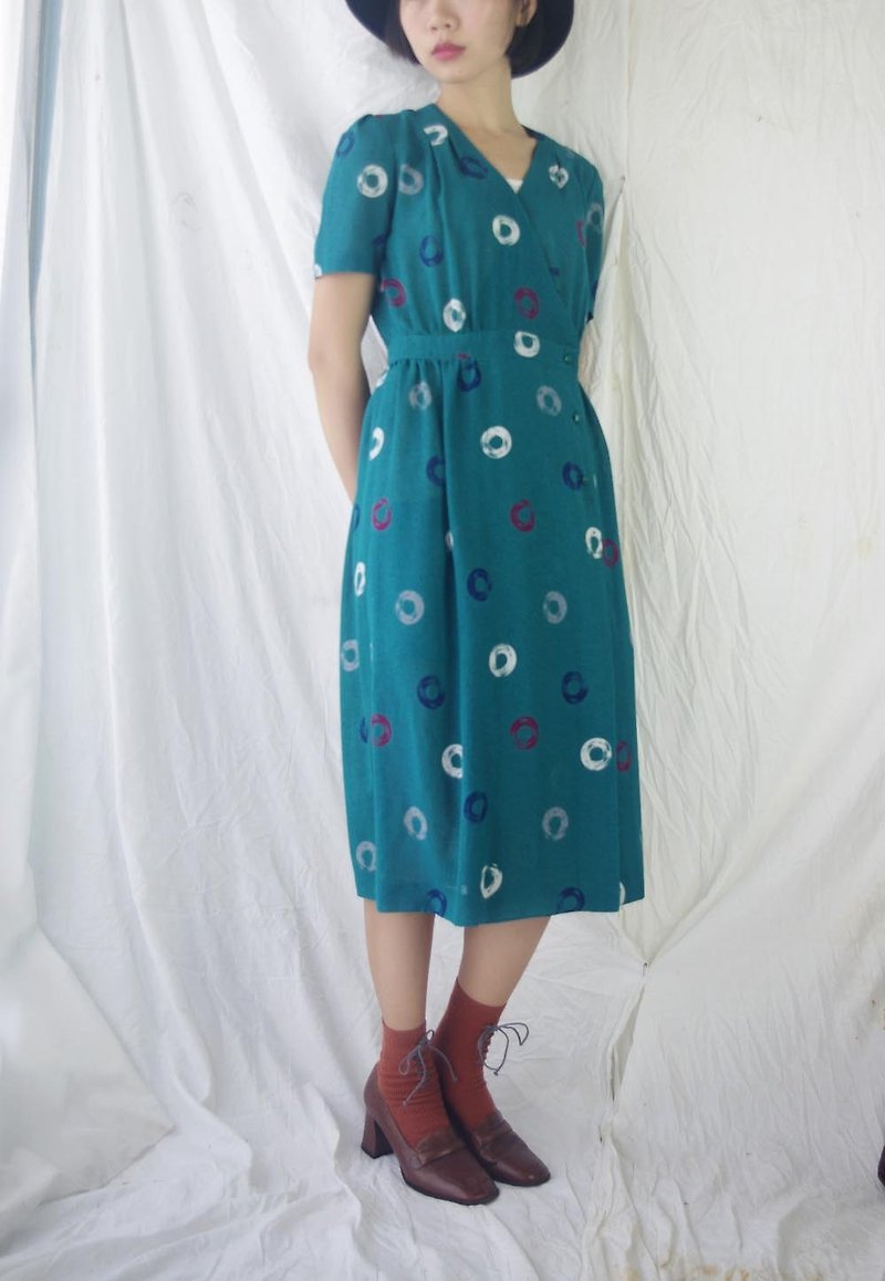 寻宝古着-蓝绿色交叉领气质复古洋装 - 洋装/连衣裙 - 聚酯纤维 绿色
