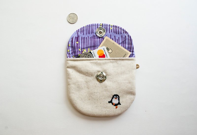 企鵝 Penguin Embroidered Linen Wee Pouch - 零钱包 - 棉．麻 多色