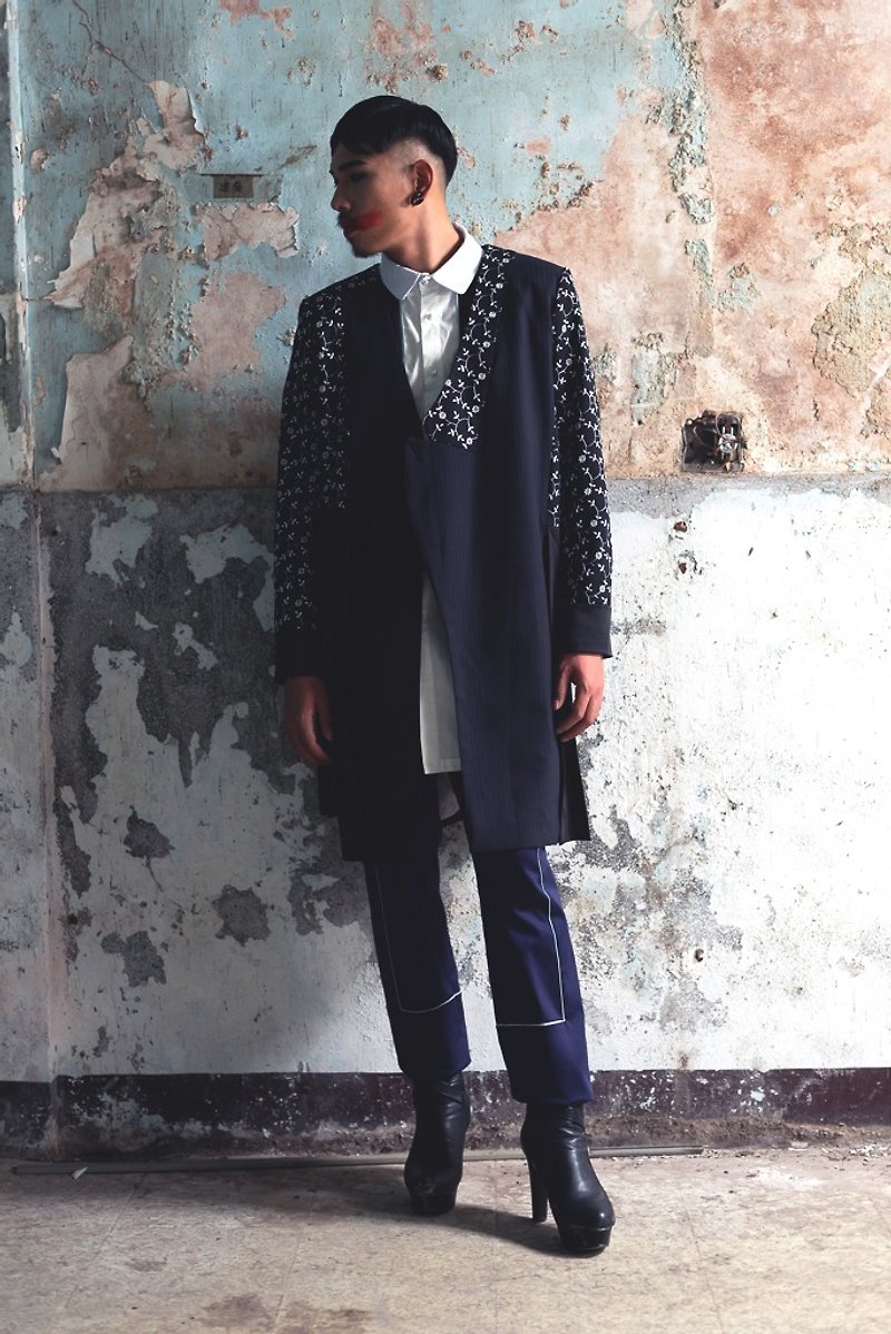 解构剪裁百折蕾丝长版大衣(162J04) - 男装外套 - 羊毛 蓝色