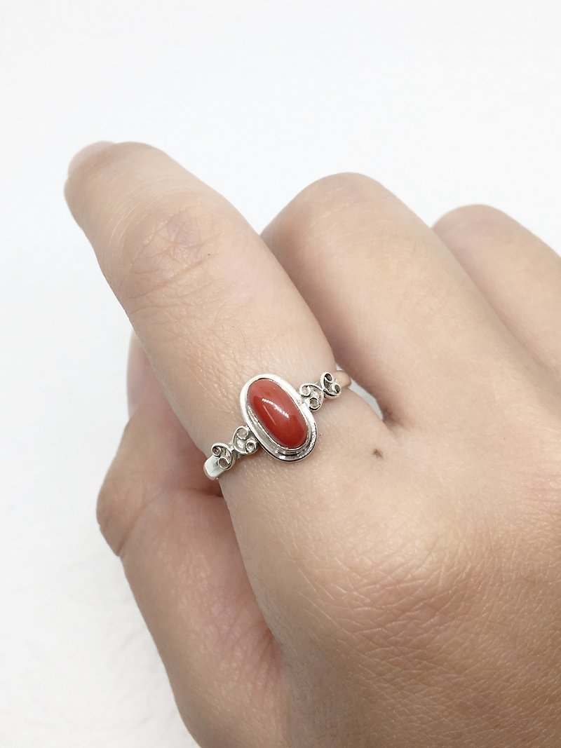 珊瑚石925纯银心形设计戒指  尼泊尔手工镶嵌制作 - 戒指 - 宝石 红色