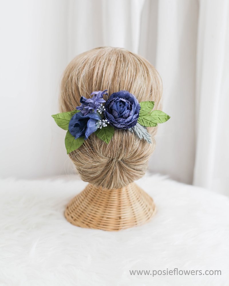 Deep Blue - Paper Flower Hair Comb - 发饰 - 纸 蓝色