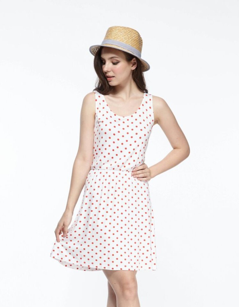 清涼嘗鮮專區  無袖圓點圖紋洋裝(黑點、紅點兩色) - 洋装/连衣裙 - 聚酯纤维 白色