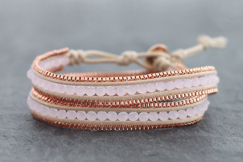 串珠编织玫瑰石英方形粉红色金链手镯 - 手链/手环 - 石头 粉红色