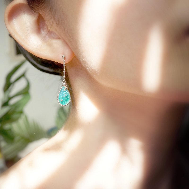 海洋系列-湛蓝珐琅银耳环-----垂吊耳环-水滴款 - 耳环/耳夹 - 纯银 银色