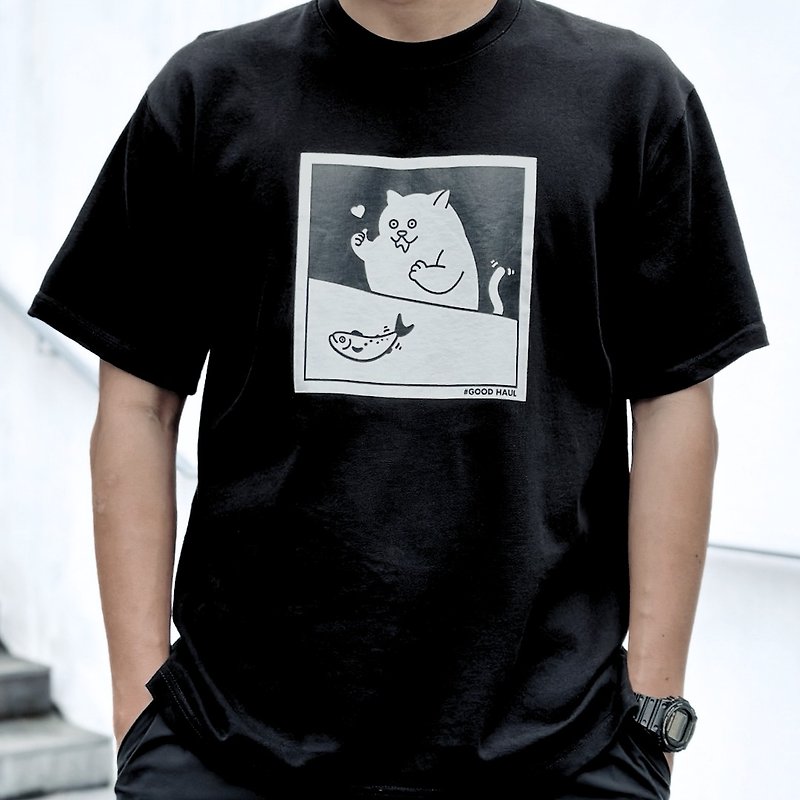 Dining Cat 口水猫 短袖T恤 8色男女同款 钓鱼俱乐部 - 女装上衣 - 棉．麻 黑色