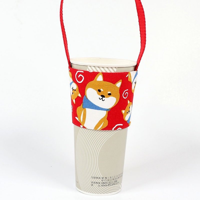 饮料杯套 环保杯套 提袋- 柴犬 (红) - 随行杯提袋/水壶袋 - 棉．麻 红色