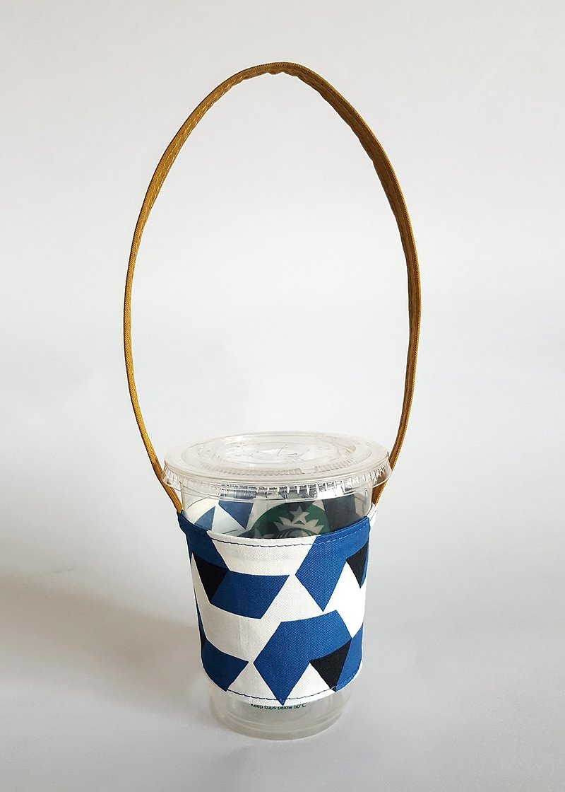 极简日式和风姜黄蓝饮料杯袋 - 随行杯提袋/水壶袋 - 棉．麻 蓝色