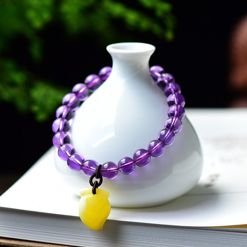 精品天然巴西紫水晶8MM手链 点缀蜜桃子吊坠 晶体干净透彻 - 手链/手环 - 水晶 