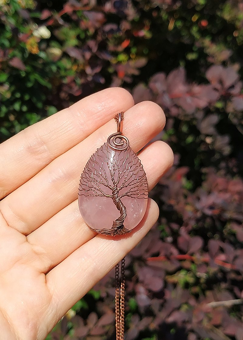 Rose Quartz Tree Of Life Talisman Pendant, Copper Vibrations, Amulet Necklace