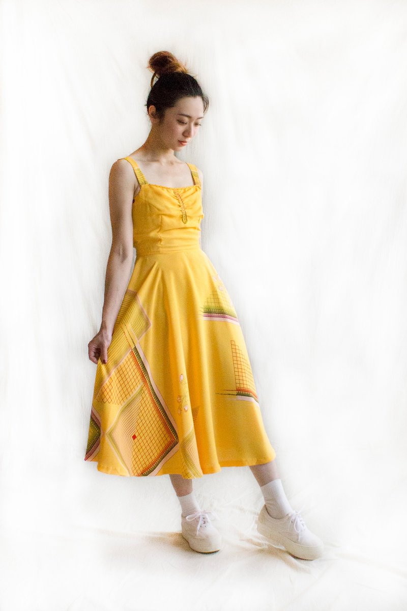 夏日夕阳无袖古着洋装 - 洋装/连衣裙 - 聚酯纤维 黄色