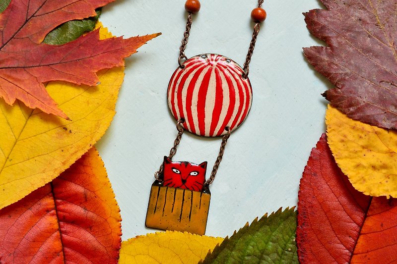 Enamel Necklace, Cat Necklace, Red Cat, Cat Pendant, Hot Air Balloon, - 项链 - 珐琅 红色