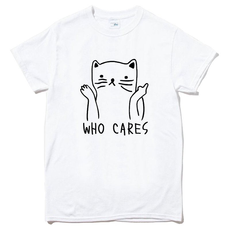 Who Cares Cat #2 中性短袖T恤 白色 柴犬 狗 猫 毛小孩 动物 可爱 趣味 - 男装上衣/T 恤 - 棉．麻 白色
