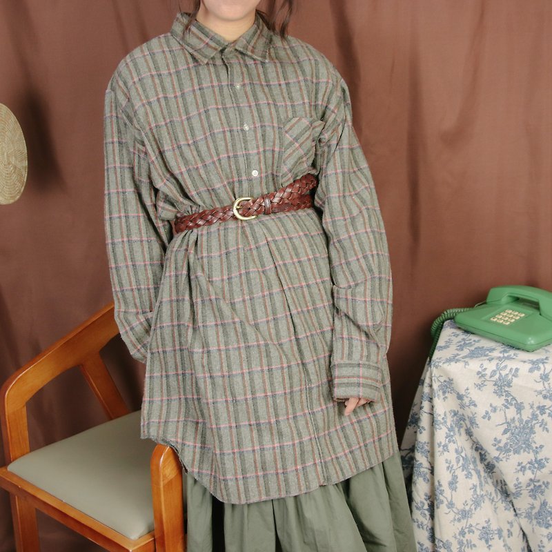 格纹长版上衣002, 灰绿色 棉质 格子 衬衫【Tsubasa.Y 古着屋】 - 女装衬衫 - 棉．麻 灰色