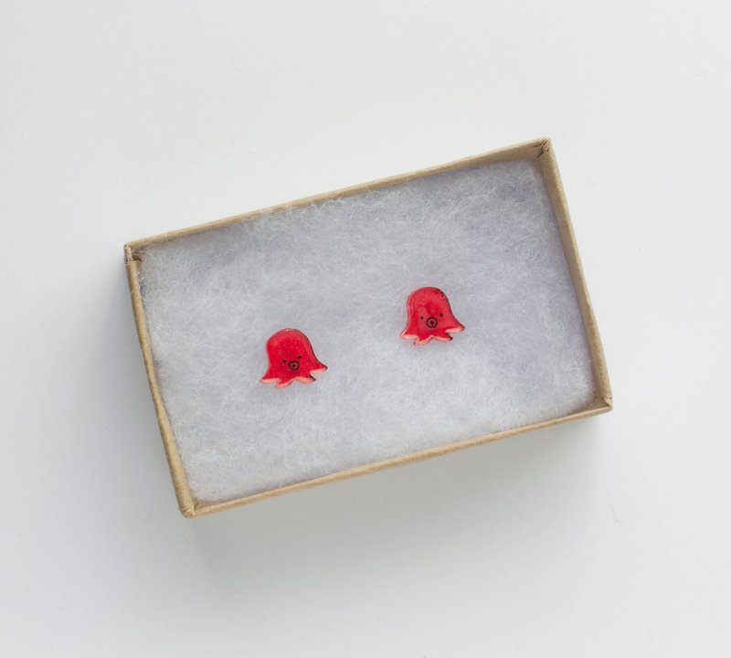 手绘 章鱼型香肠 耳钉 耳夹 - 耳环/耳夹 - 塑料 红色
