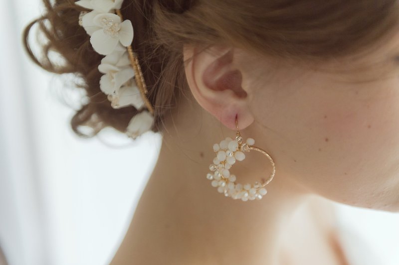 韩国小圆型珍珠水晶垂坠耳环 - 耳环/耳夹 - 其他材质 