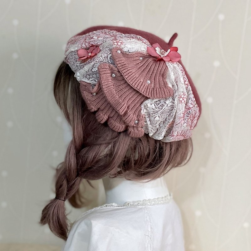 贝蕾帽beret /贝雷帽 羊毛帽 刺绣蕾丝帽子 蓓蕾帽 画家帽 - 帽子 - 羊毛 粉红色