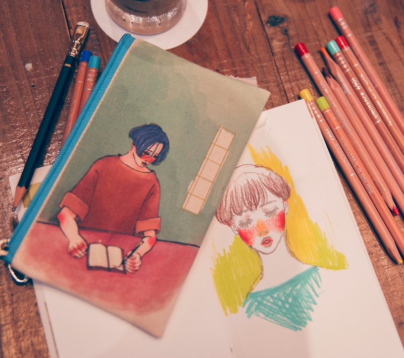 写作室女孩 帆布铅笔袋 - 铅笔盒/笔袋 - 棉．麻 蓝色