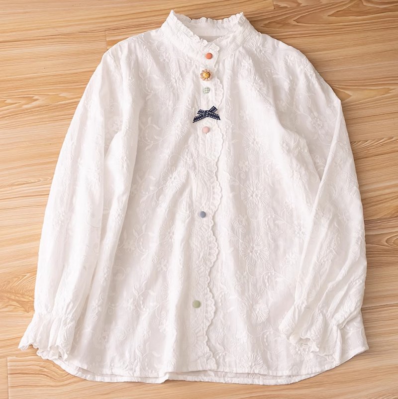 【森织海】日系木耳边波浪彩扣衬衫(现货+预购) - 女装衬衫 - 棉．麻 白色