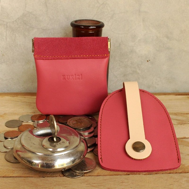 Set of Coin Bag & Key Case - Pink + Ivory Strap (Genuine Cow Leather) - 零钱包 - 真皮 