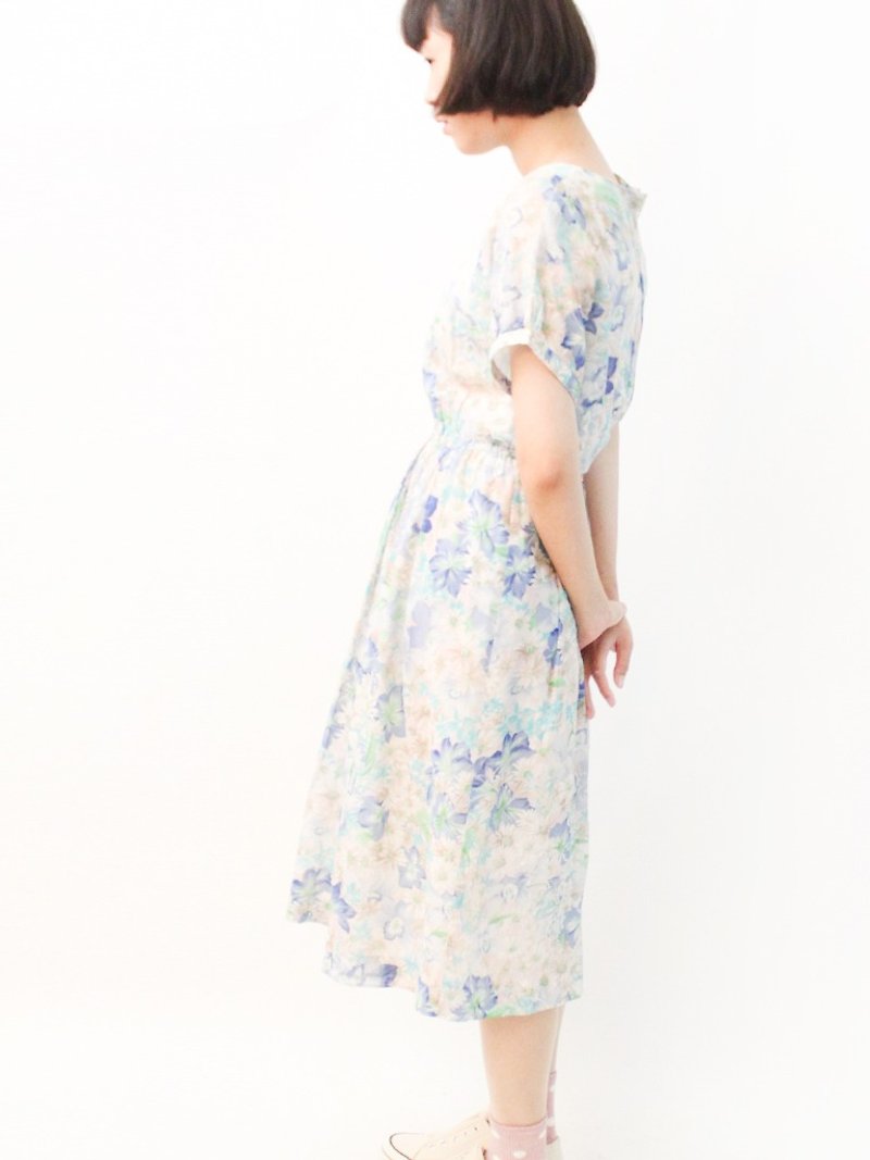 日本制复古典雅水蓝粉蓝花朵纯棉短袖古着洋装 Vintage Dress - 洋装/连衣裙 - 棉．麻 蓝色