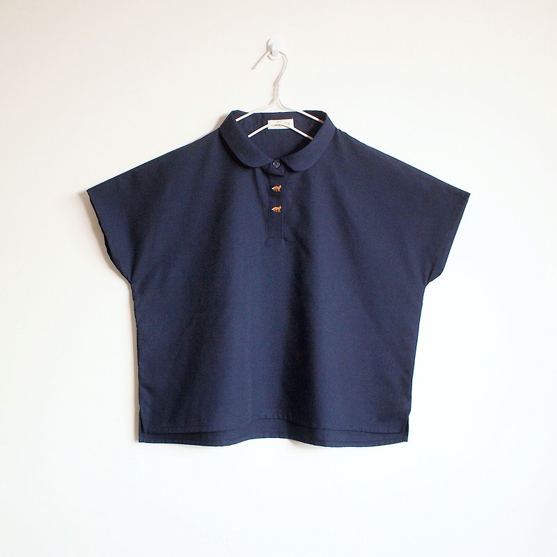 embroidered fox button blouse : navy - 女装上衣 - 棉．麻 蓝色