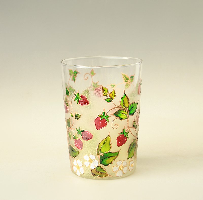 Strawberry Water Glass Cocktail, Vase Candle Holder Hand-painted - 酒杯/酒器 - 玻璃 红色
