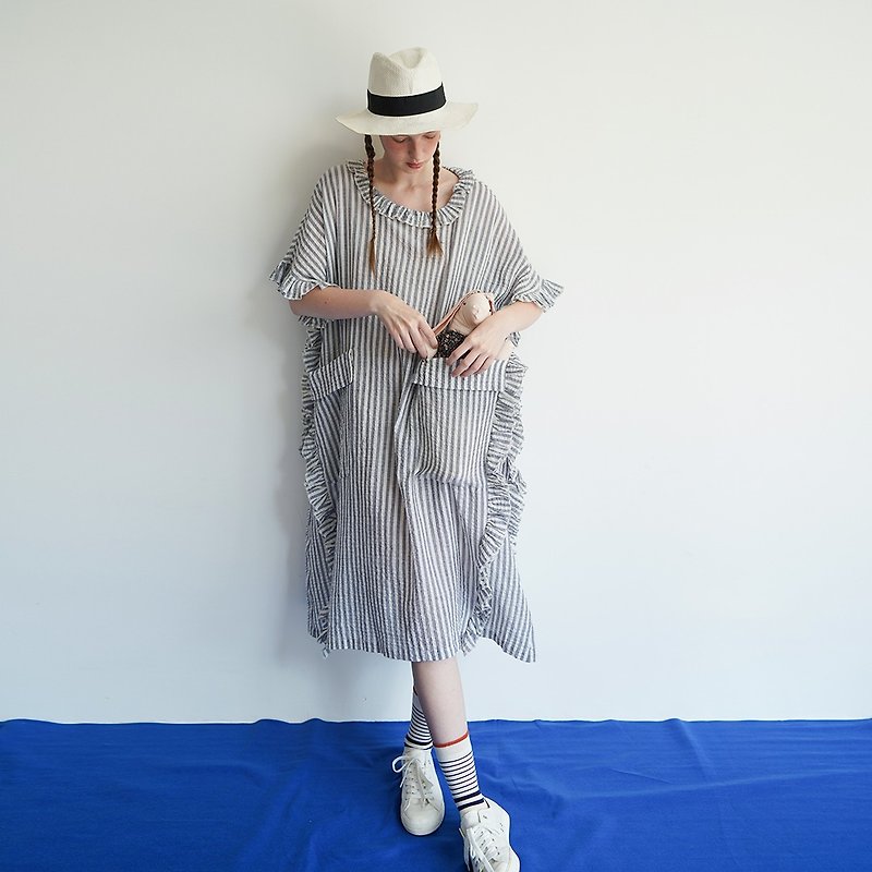 蓝白条纹花边连身裙 - imakokoni - 洋装/连衣裙 - 棉．麻 灰色
