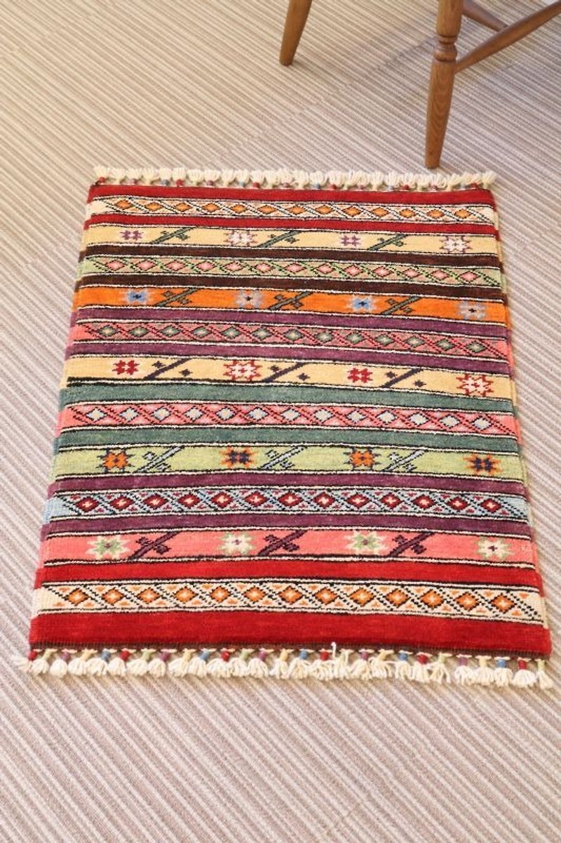 手織り 絨毯 ポイントラグ 玄関マット お花柄のストライプ 羊毛&草木染め 86×66cm - 地垫/地毯 - 其他材质 红色