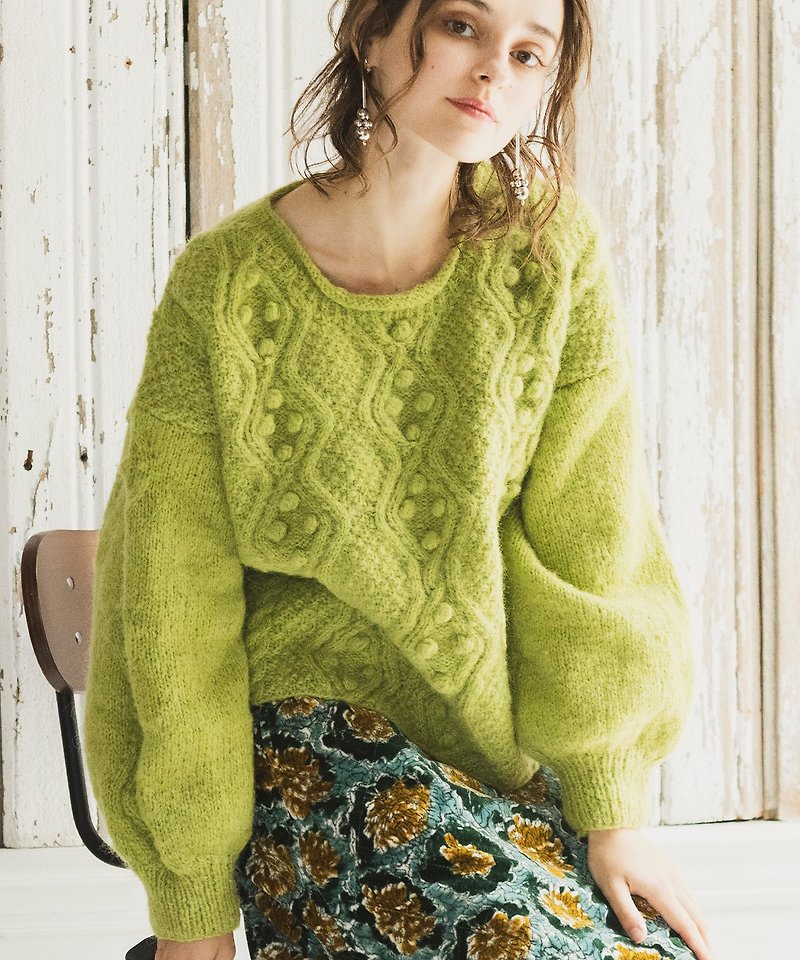 ポンポンケーブルハンドニットプルオーバー - 女装针织衫/毛衣 - 羊毛 绿色