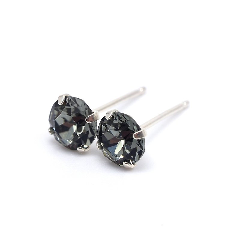 黑色水晶施华洛世奇水晶 -925纯银耳钉耳环-6毫米圆形单件或一双 - 耳环/耳夹 - 其他金属 黑色