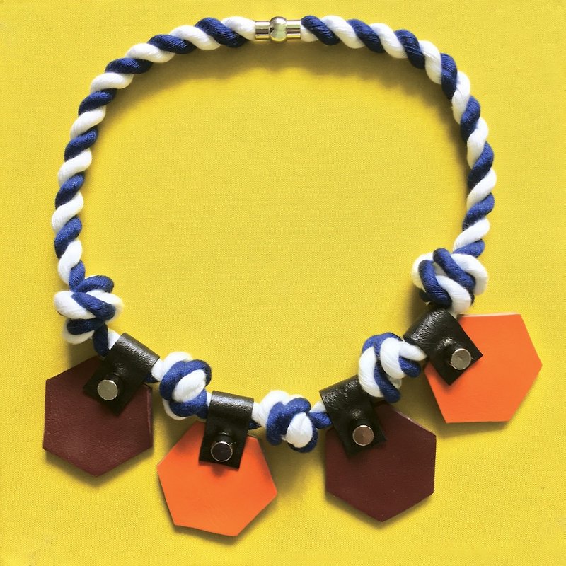 六角形配色皮革颈链 - 颈链 - 真皮 橘色