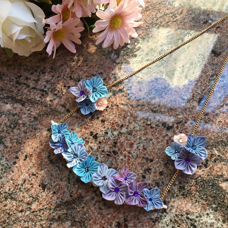 (绣球花) 细工布花 紫蓝混色花列颈链 つまみ细工 - 项链 - 丝．绢 紫色