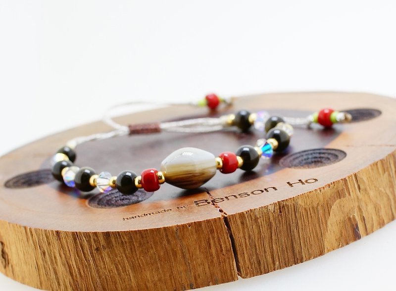 Obsidian + Agate bracelet ( 黑曜石+玛瑙手錬 ) - 手链/手环 - 宝石 多色