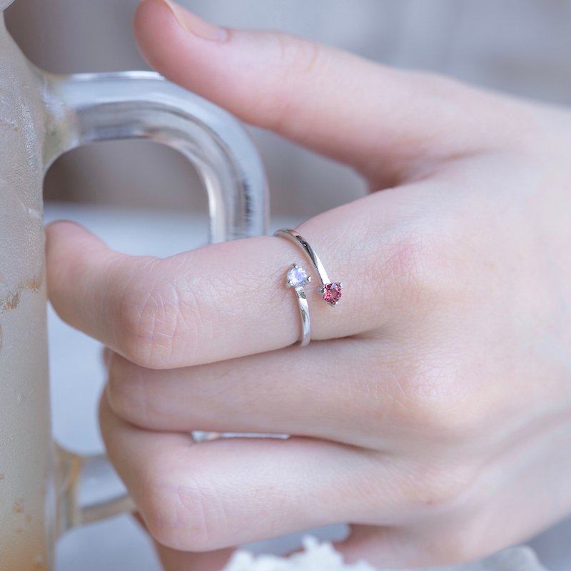 拉长石 石榴石925纯银双宝石设计戒指 可调式戒指 - 戒指 - 宝石 银色