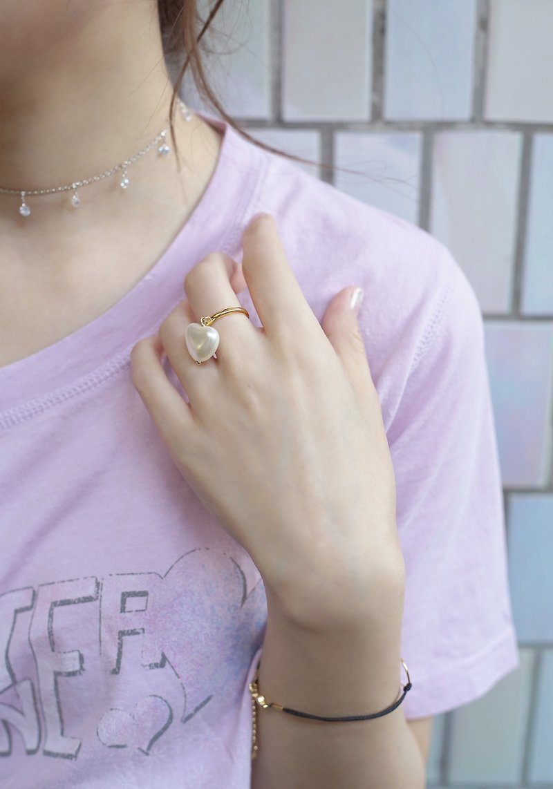 *hippie* 日系爱心珍珠金色可调式戒指 (限量) - 戒指 - 其他金属 白色