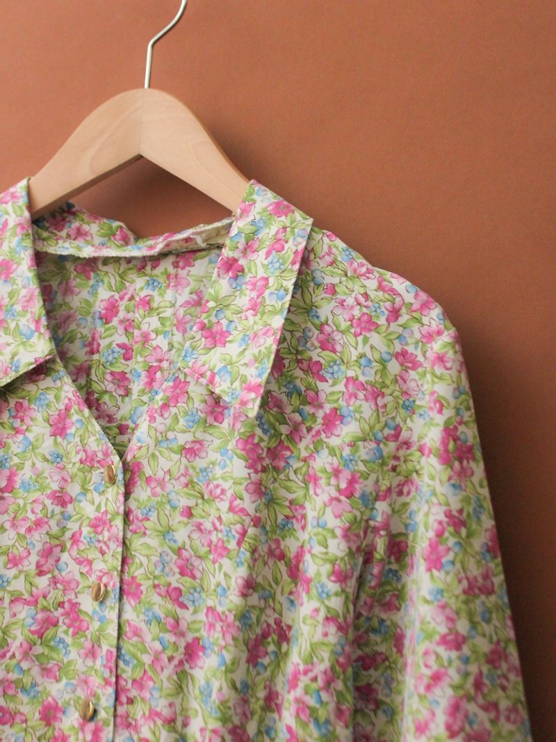 复古秋冬日本制甜美可爱粉色碎花粉绿色长袖古着洋装 - 洋装/连衣裙 - 聚酯纤维 粉红色
