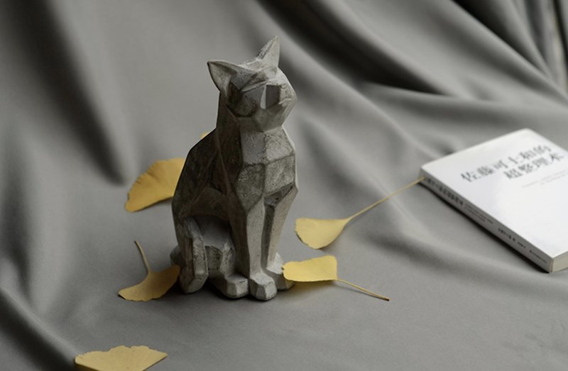 日式守望貓 1比1 大尺寸 清水泥幾何貓 裝飾 擺設 - 摆饰 - 水泥 灰色