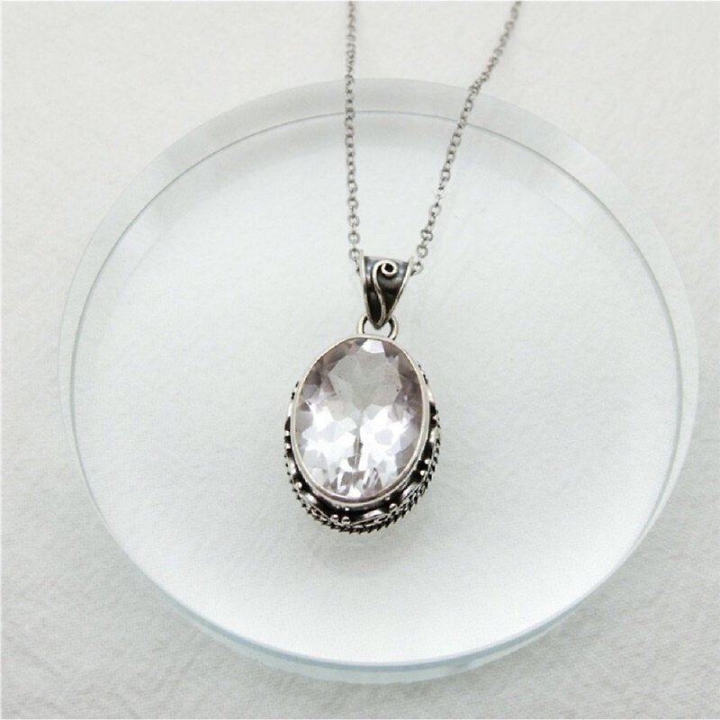 白水晶925纯银典雅镶边项链 尼泊尔手工银饰 - 项链 - 宝石 银色