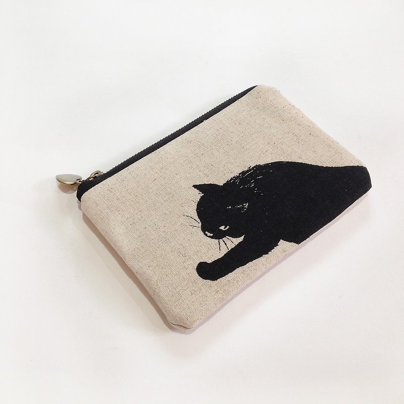 猫咪 黑猫 零钱包 - 皮夹/钱包 - 棉．麻 卡其色