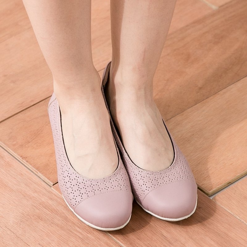 Maffeo 楔形鞋 休闲鞋 镂空压花美国进口牛皮厚底鞋(215睡美人粉) - 芭蕾鞋/娃娃鞋 - 真皮 粉红色