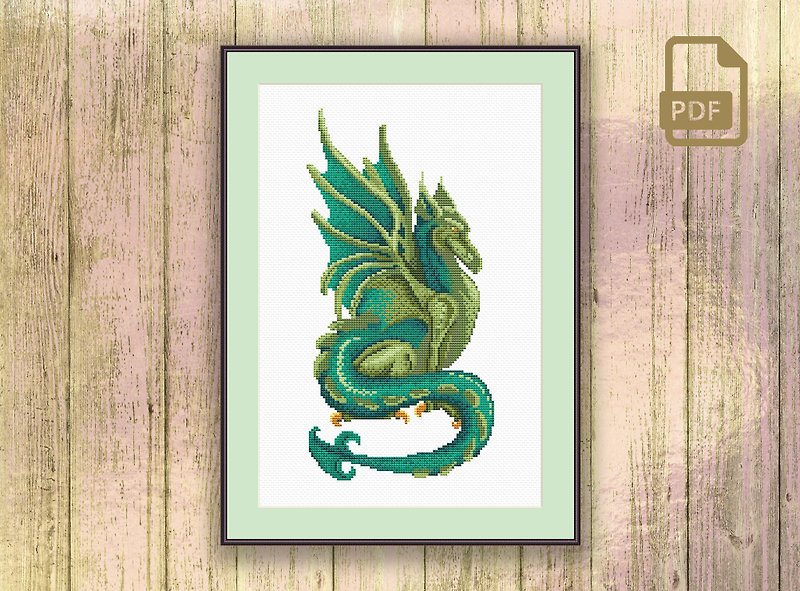 Emerald Dragon Cross Stitch Pattern #oth077 - 编织/刺绣/羊毛毡/裁缝 - 其他材质 