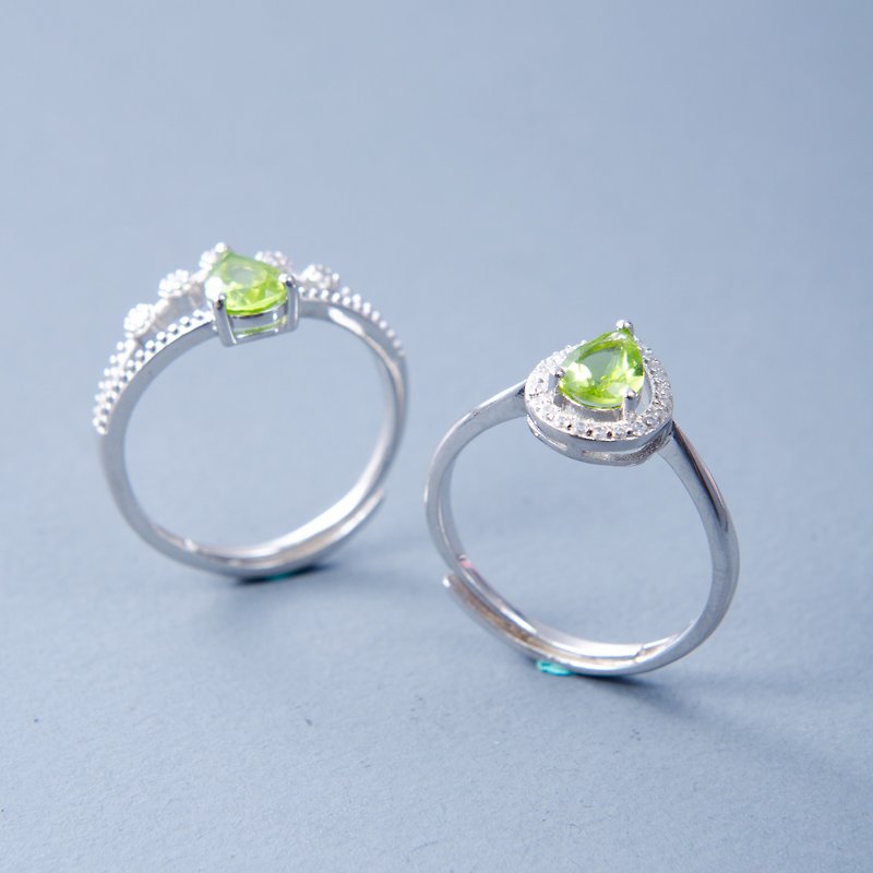 橄榄石925纯银戒指 | 天然宝石纯银镶钻绿色水晶可调节指环礼物 - 戒指 - 宝石 绿色