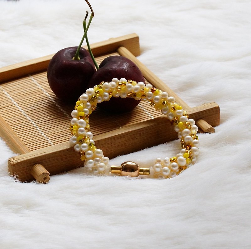 Kumihimo手织日本玻璃珠 + 珍珠手錬 ( Handmade Kumihimo Pearl Bracelet ) - 手链/手环 - 宝石 黄色