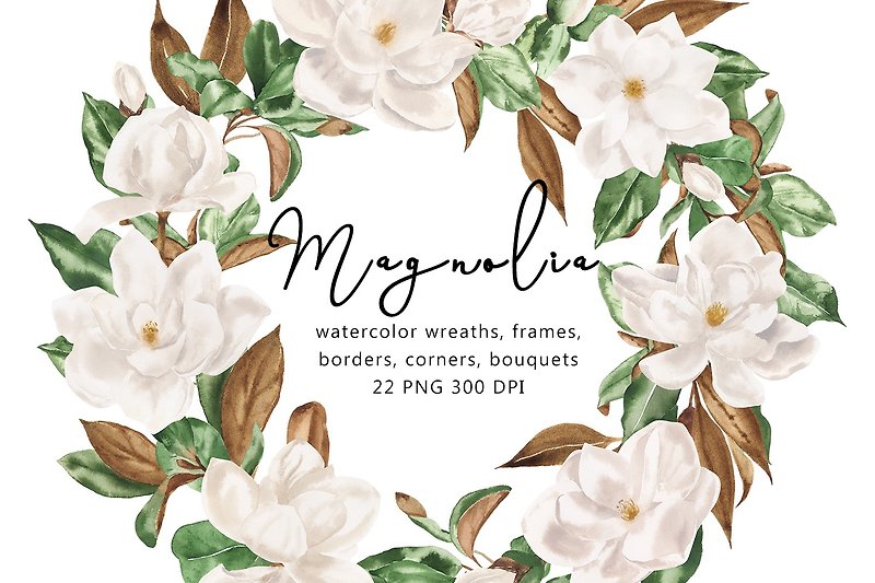 Watercolor magnolia wreaths, frames, borders, bouquets, flowers illustration - 电子手绘真人画像/绘画/插画 - 其他材质 白色