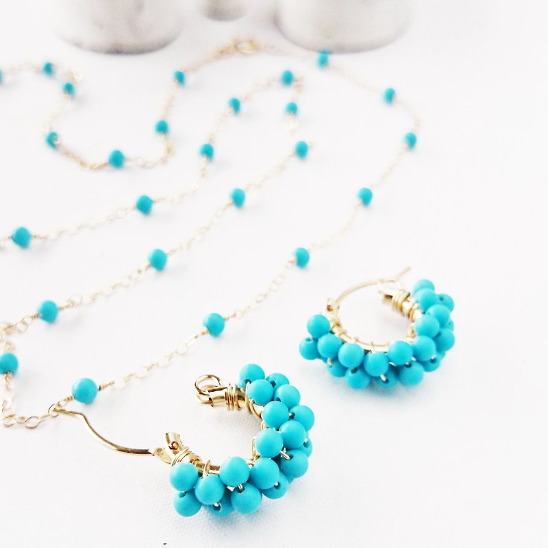 Goody bag K14gf Turquoise earrings & necklace set / pierced earrings - 项链 - 宝石 蓝色