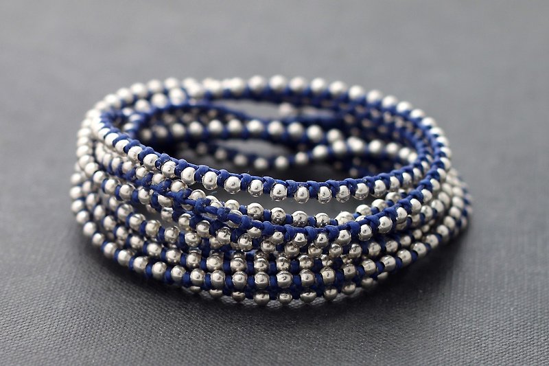 蓝色银色串珠缠绕手链编织串珠 - 手链/手环 - 棉．麻 蓝色