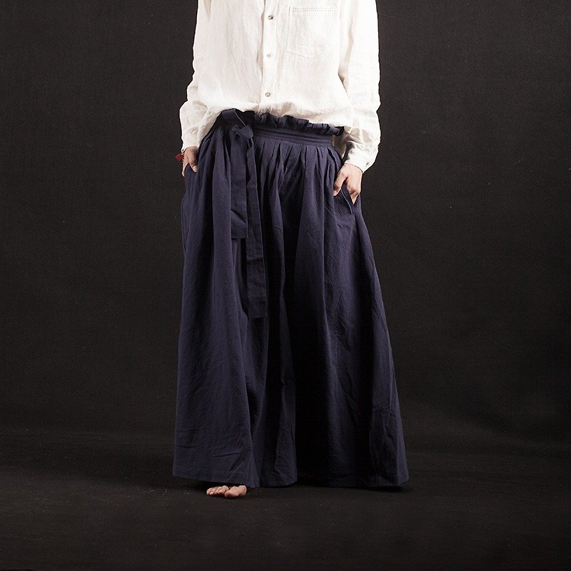蓝色棉麻叠褶半身裙-[荒腔]独立设计师品牌 - 裙子 - 棉．麻 