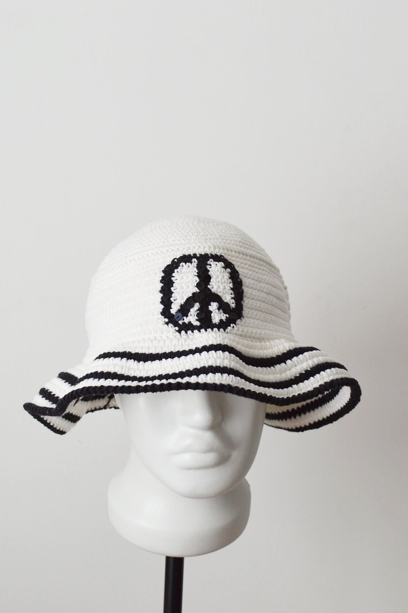 Crochet bucket hat embroidered peace symbol. Black white knit fisherman hat